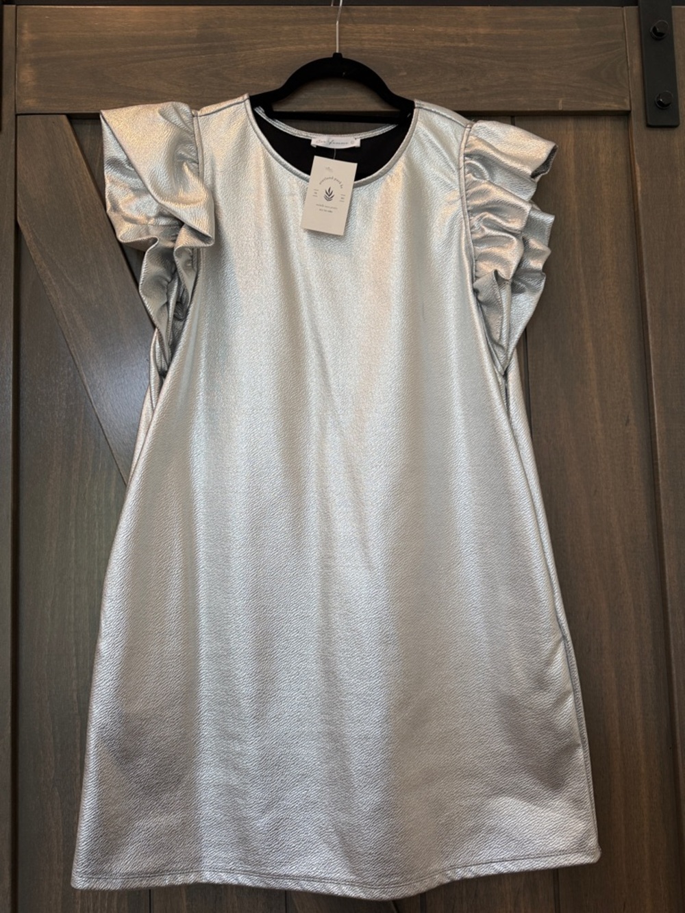 Ces Femme Metallic Silver Textured Ruffle Shoulder Dress